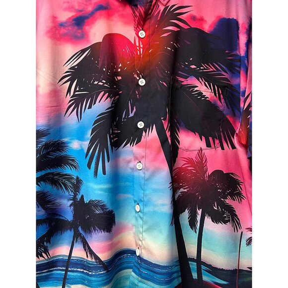 Men's L Tropical Sunset Button-Up Shirt Palm Tree Beach Vacation Summer Sunset - Picture 3 of 6
